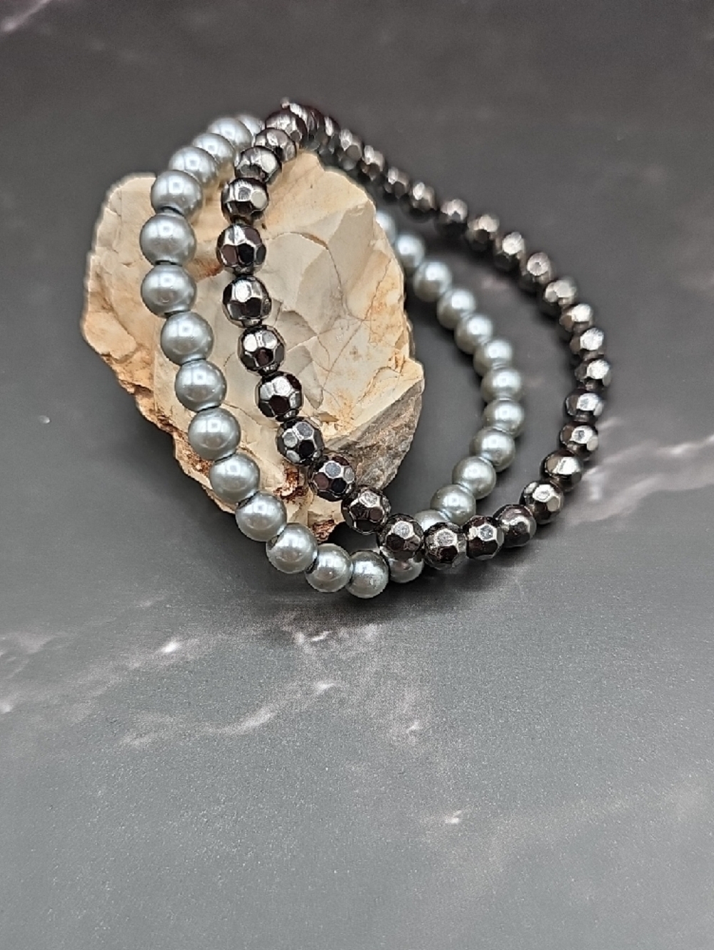 Women's Dark Gray and Gray Silver Color Beaded Bracelet Set
